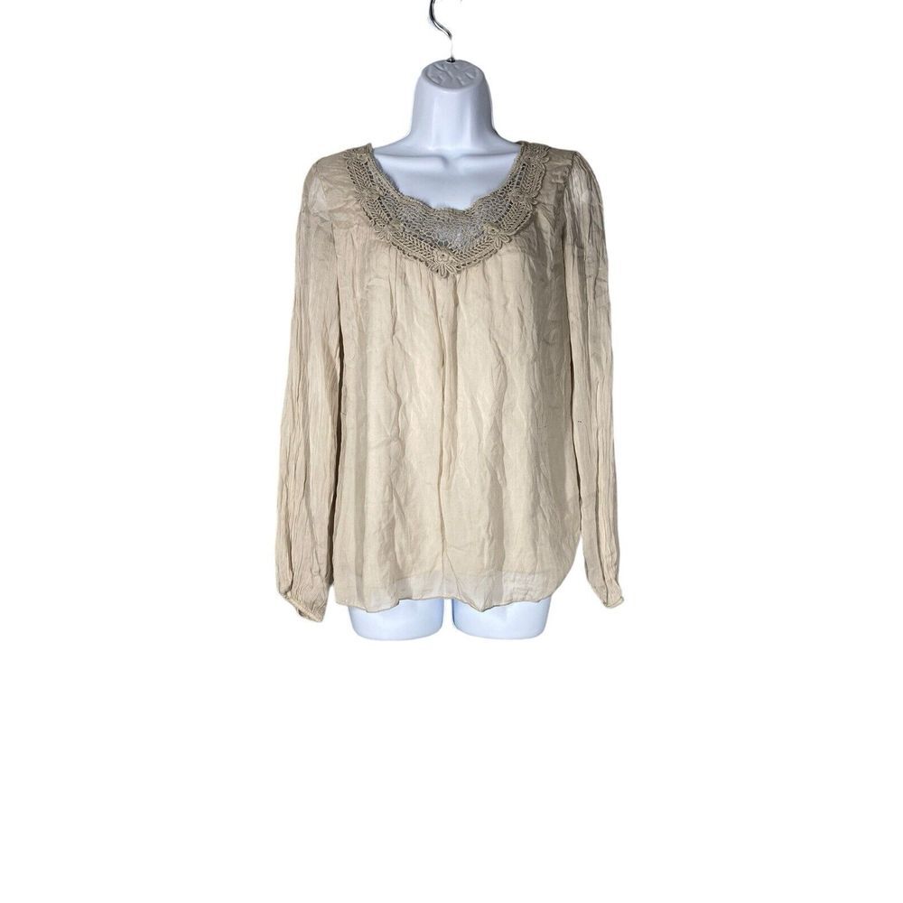 Carla Conti Womens 100% Silk Long Sleeve Lace Neckline Tan Size Small